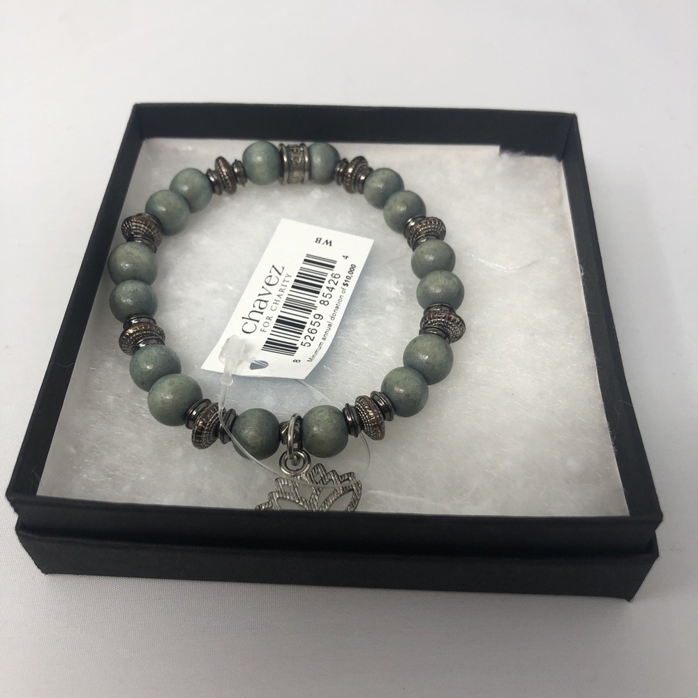Chavez For Charity Lotus Charm Beaded Bracelet Green Wood Beads With Tag